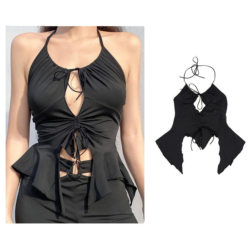 Vintage Brown Halter Camisole Hollow Out Cyber Y2k Crop Top Women Gothic Sexy Aesthetic Fairy Corset Tank Camis 90s Clothes nz755-black