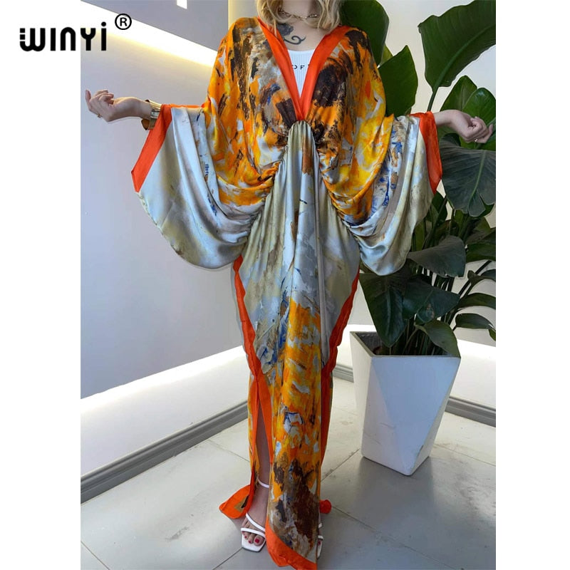 Sexy bech hand-rolled feel silk rayon fashion print Maxi Women's robes long beach V-neck Bohemian dress