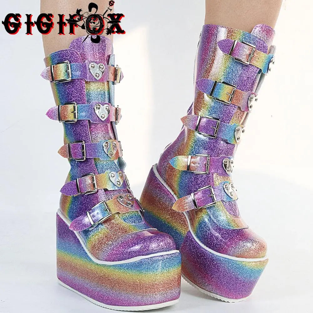 GIGIFOX Brand New Big Size 43 Black Pink Goth Cool Punk Motorcycle Boots Platform Wedges High Heels Chunky Boots Women Shoes Multicolor