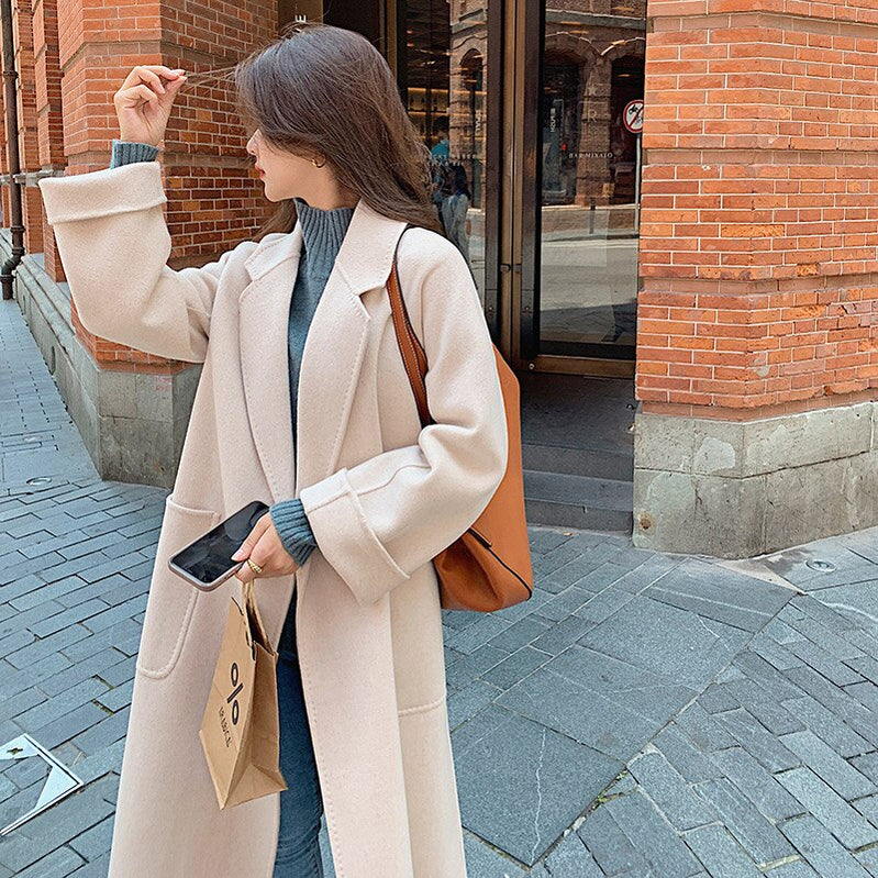 Classic Model 100% Real Wool Long Warp Overcoat Belt Turn-down Collar Dense Fabric Narrow Notch Lapel Coat Women Fall Winter Off White