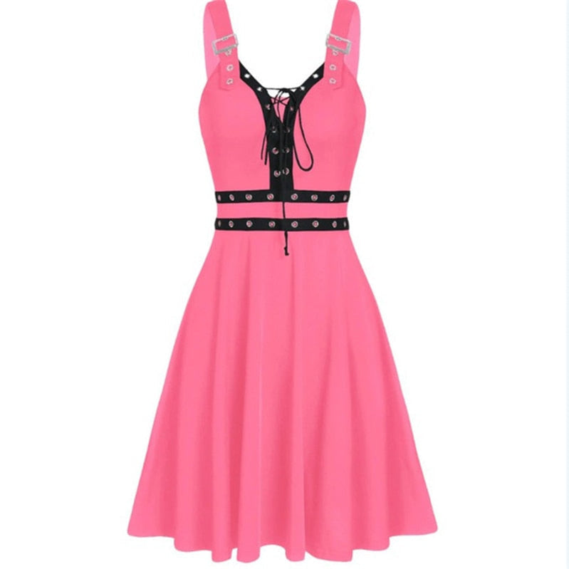 Women Mini Dresses Gothic Black Sexy Deep V Neck Fall Punk Sleeveless Rivet Fashion Tunic Hip Hop Bandage Female Dress