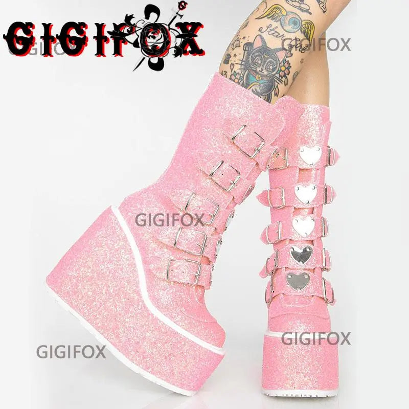 GIGIFOX Brand New Big Size 43 Black Pink Goth Cool Punk Motorcycle Boots Platform Wedges High Heels Chunky Boots Women Shoes Pink