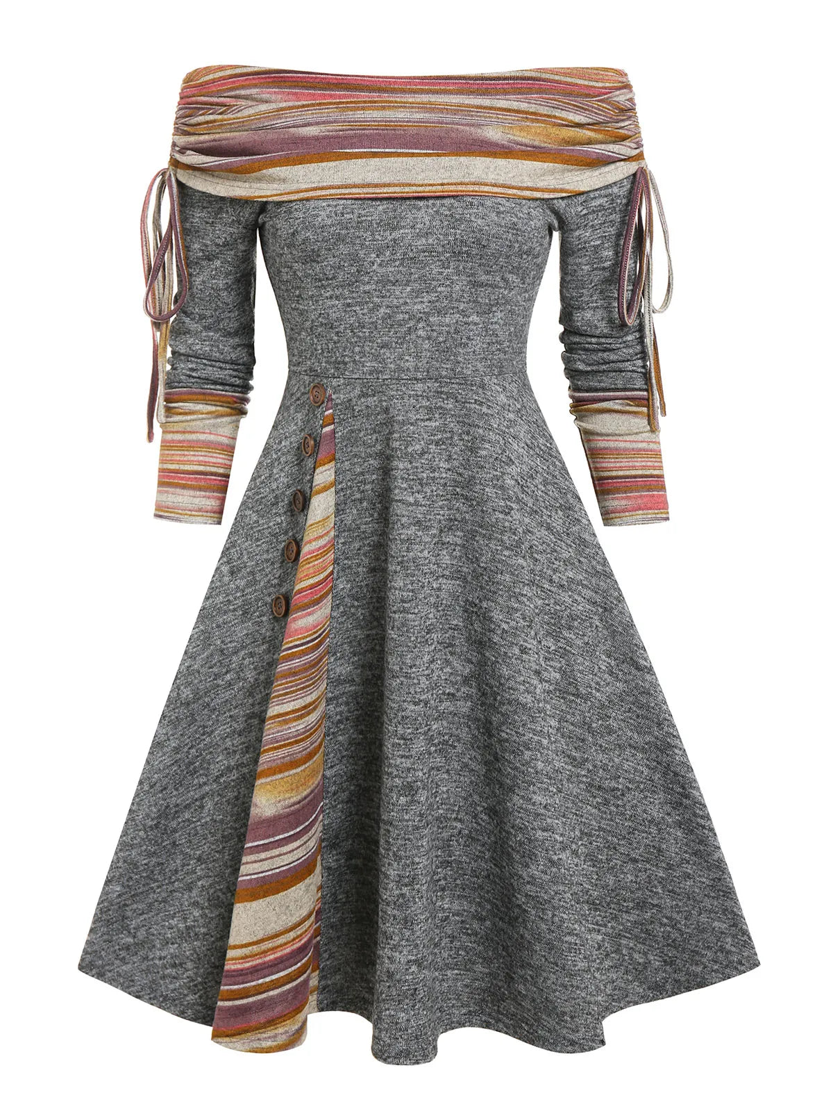 Convertible Cinched Striped Flare Dress Foldover Off The Shoulder Knitted Dresses Women Long Sleeve Jurken
