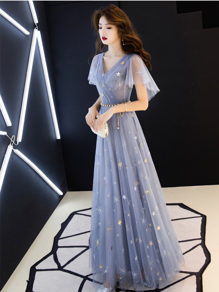 Duble V-neck Homecoming Dress Haze Blue Ruffles Sleeve Stars Sequins Tulle Long Prom Robe A-line Elegant Formal Party Dress