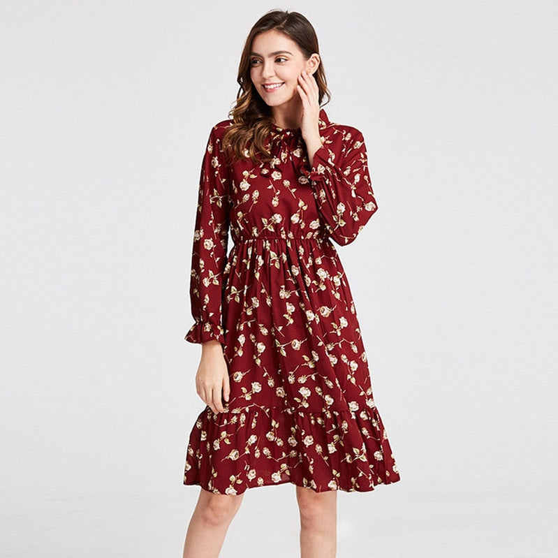 Plus Size Women's Clothing Long Sleeve Chiffon Shirt Dresses For Women Red Bow Floral Club Party Autumn Winter платье Woman