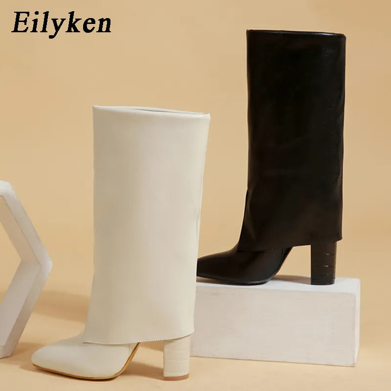 Eilyken New Chunky Heel Pointed Toe Women Long Knee High Boots Black Winter Shoes Female Chelsea Booties Size 35-42