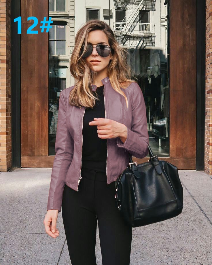 Women Bike Coat PU Leather Outwear Zipper Outfit Spring Autumn WomeFashion Short Thin Female Jacket
