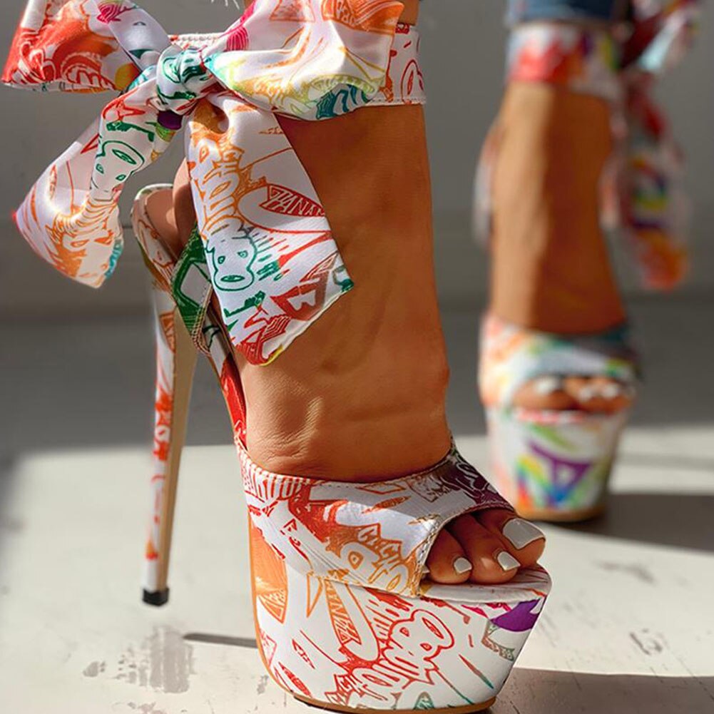 Sexy Shoes Print Super Thin High Heels Shoes Sandals Women Summer Party Platform Ankle-wrap Woman Sandals Female