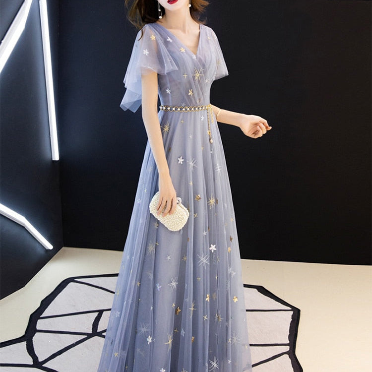 Duble V-neck Homecoming Dress Haze Blue Ruffles Sleeve Stars Sequins Tulle Long Prom Robe A-line Elegant Formal Party Dress