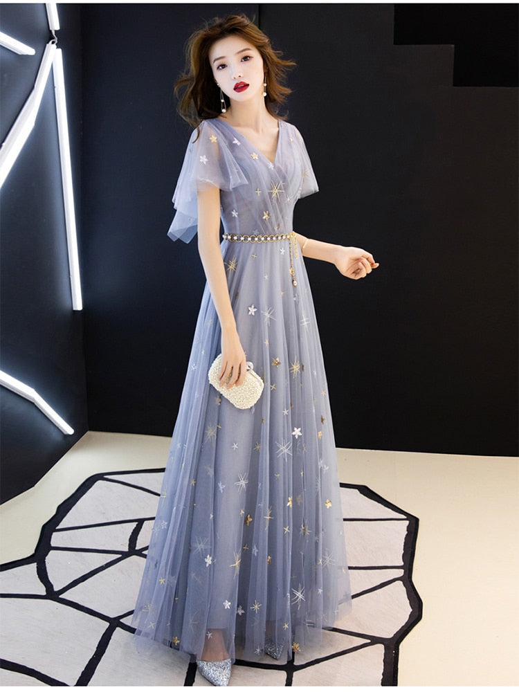 Duble V-neck Homecoming Dress Haze Blue Ruffles Sleeve Stars Sequins Tulle Long Prom Robe A-line Elegant Formal Party Dress