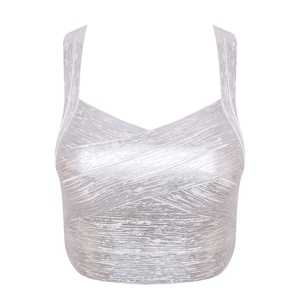 Autumn Sexy Gold Silver Women Bandage Top Spaghetti Strap Bandage V Neck Vest Tank Top Knitted Bandage Club Vest