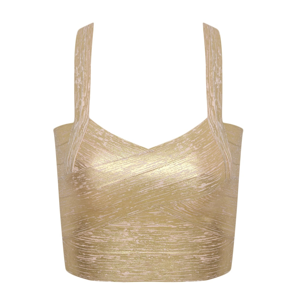 Autumn Sexy Gold Silver Women Bandage Top Spaghetti Strap Bandage V Neck Vest Tank Top Knitted Bandage Club Vest