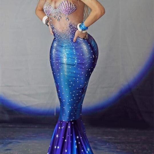 Sexy Nightclub Bar Party Role Performance Costume Sparkly Pearls Outfit Rhinestones Fishtail Long Dress Blue Trailing Dress