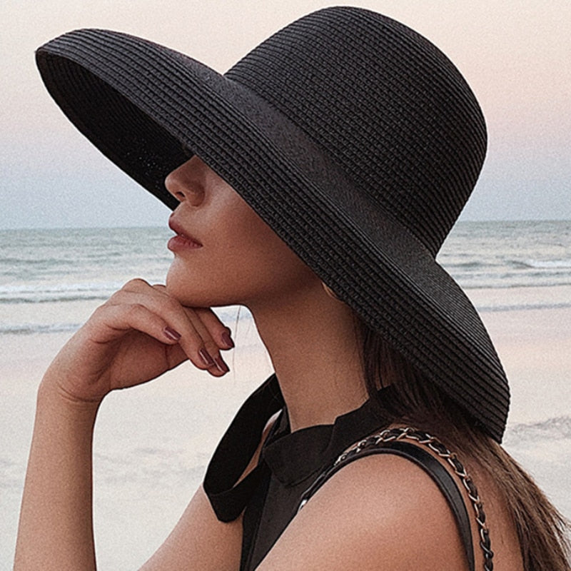 HT2303 New Summer Sun Hats Ladies Solid Plain Elegant Wide Brim Hat Female Round Top Panama Floppy Straw Beach Hat Women