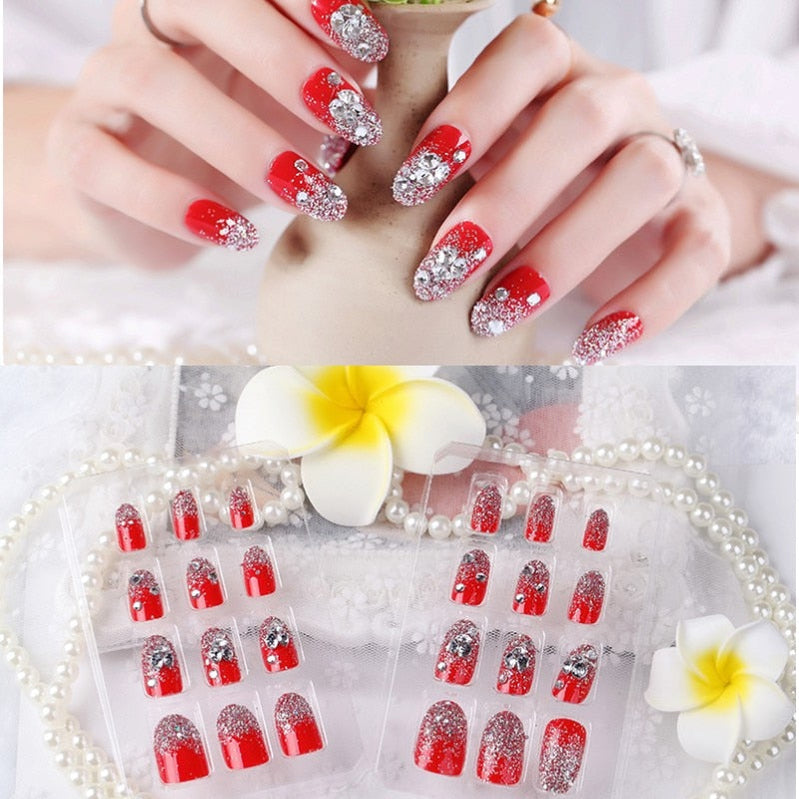 24Pcs/Set Fake Nails Press on Girls Finger Beauty False Nail Art Tips Bright Shining 3D Diamond Full Cover French Nail Art Tips AL40