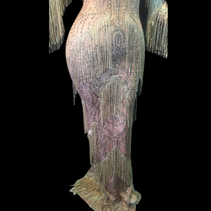 Sexy Singer Host Stage Wear Celebration Performance Costume Nightclub Fringes Dress Crystals Tassels Sleeve Stretch Long Dress
