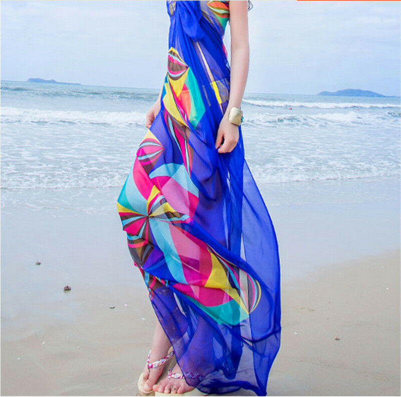 Cover-Ups Flower Print Sexy Chiffon Bikini Cover Up Beach Swimwear Dress Scarf Pareo Sarong Wrap Blue One Size