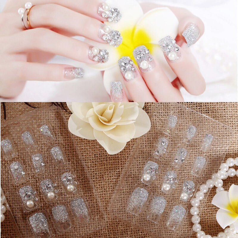 24Pcs/Set Fake Nails Press on Girls Finger Beauty False Nail Art Tips Bright Shining 3D Diamond Full Cover French Nail Art Tips AL41