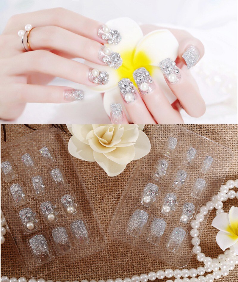 24Pcs/Set Fake Nails Press on Girls Finger Beauty False Nail Art Tips Bright Shining 3D Diamond Full Cover French Nail Art Tips AL41