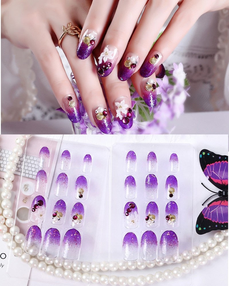 24Pcs/Set Fake Nails Press on Girls Finger Beauty False Nail Art Tips Bright Shining 3D Diamond Full Cover French Nail Art Tips AL185