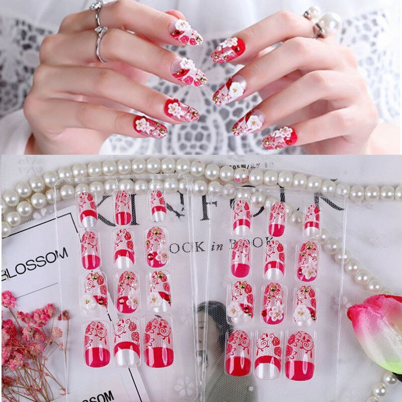 24Pcs/Set Fake Nails Press on Girls Finger Beauty False Nail Art Tips Bright Shining 3D Diamond Full Cover French Nail Art Tips AL184