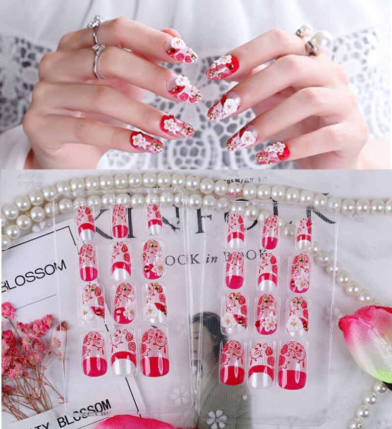 24Pcs/Set Fake Nails Press on Girls Finger Beauty False Nail Art Tips Bright Shining 3D Diamond Full Cover French Nail Art Tips AL184