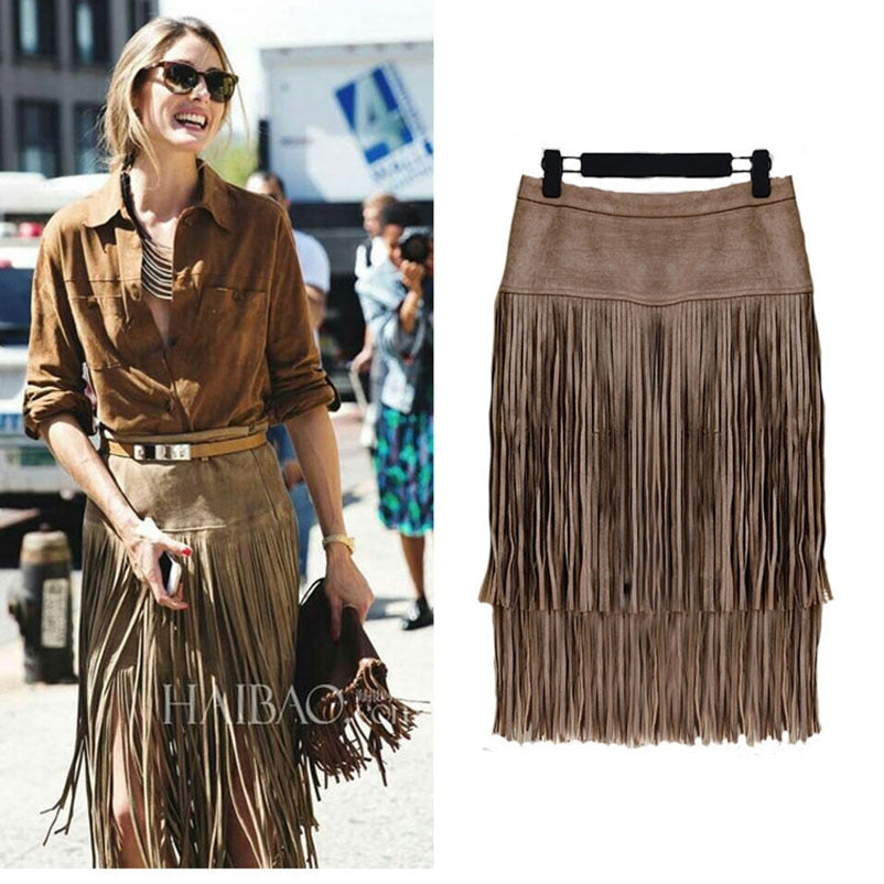 Fashion Vintage Skirts New Heavy Hierarchical High Waist Straight Leather Skirt Fringed Suede Tassel Saias Skirts Womens