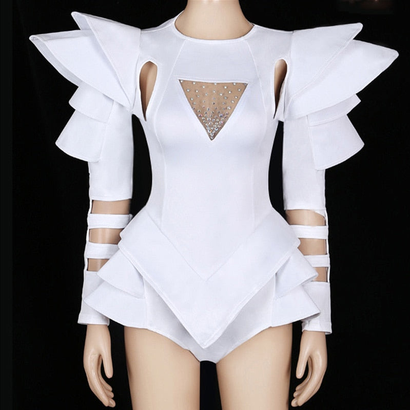 New Stage Costumes Women Nightclub Rhinestone Jumpsuit GOGO Dance Bodysuit DJ Leading Dance Rave Clothes Singer Stage Wear BL20 White
