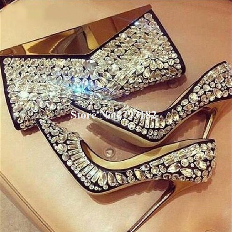 Women Luxurious Pointed Toe Bling Bling Rhinestone Stiletto Heel Pumps Black White Crystal High Heels Wedding Dress Shoes