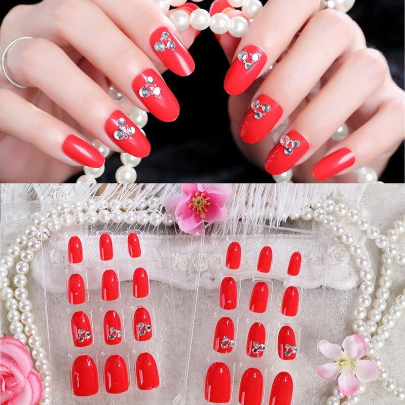 24Pcs/Set Fake Nails Press on Girls Finger Beauty False Nail Art Tips Bright Shining 3D Diamond Full Cover French Nail Art Tips AL86
