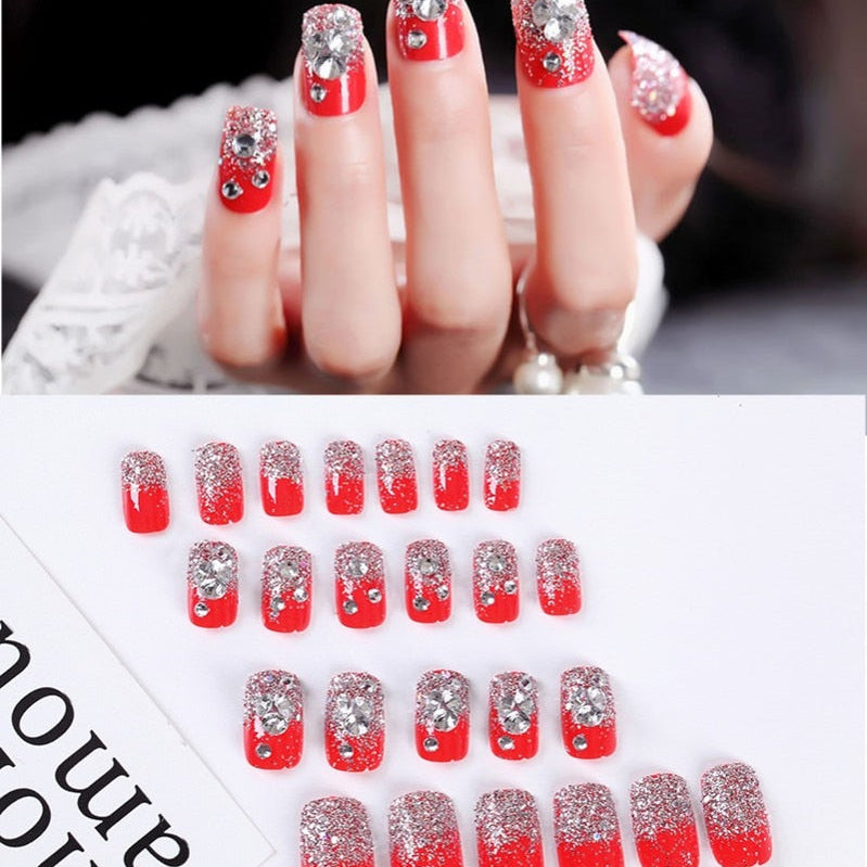 24Pcs/Set Fake Nails Press on Girls Finger Beauty False Nail Art Tips Bright Shining 3D Diamond Full Cover French Nail Art Tips AL06