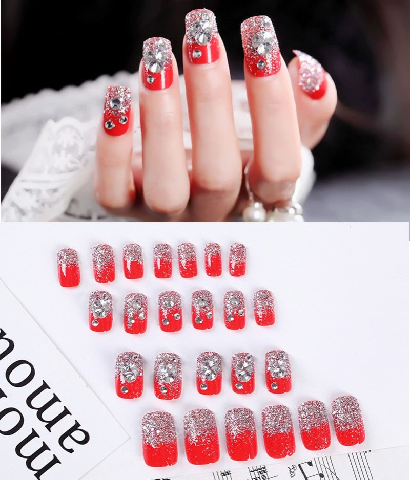 24Pcs/Set Fake Nails Press on Girls Finger Beauty False Nail Art Tips Bright Shining 3D Diamond Full Cover French Nail Art Tips AL06