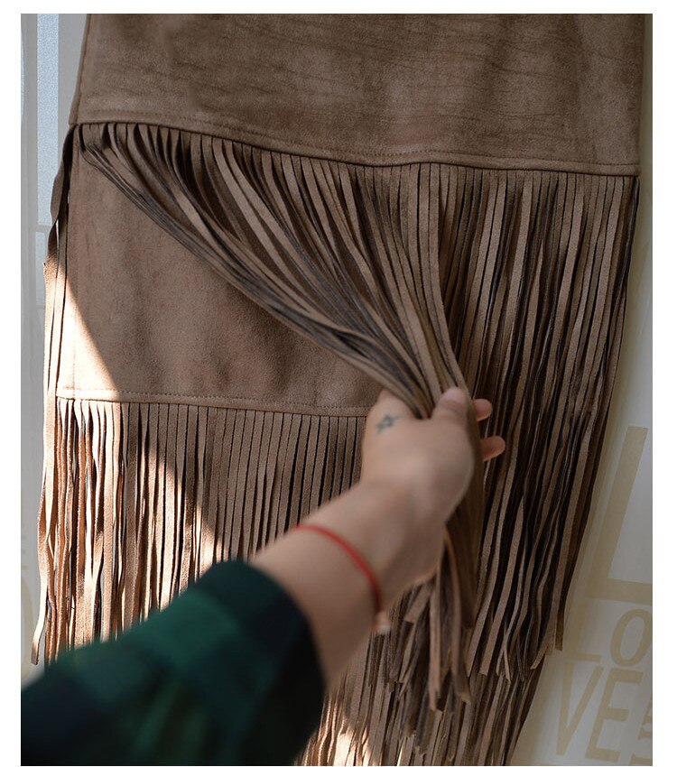 Fashion Vintage Skirts New Heavy Hierarchical High Waist Straight Leather Skirt Fringed Suede Tassel Saias Skirts Womens