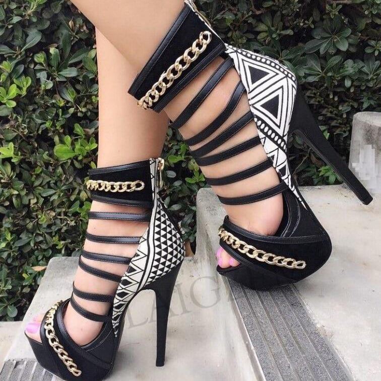 LAIGZEM FASHION Women Multi Colors Platform Sandals Back Zip Stiletto Chains Sandalia Shoes Ladies Woman Large Size 34-52 LGZ570 Black