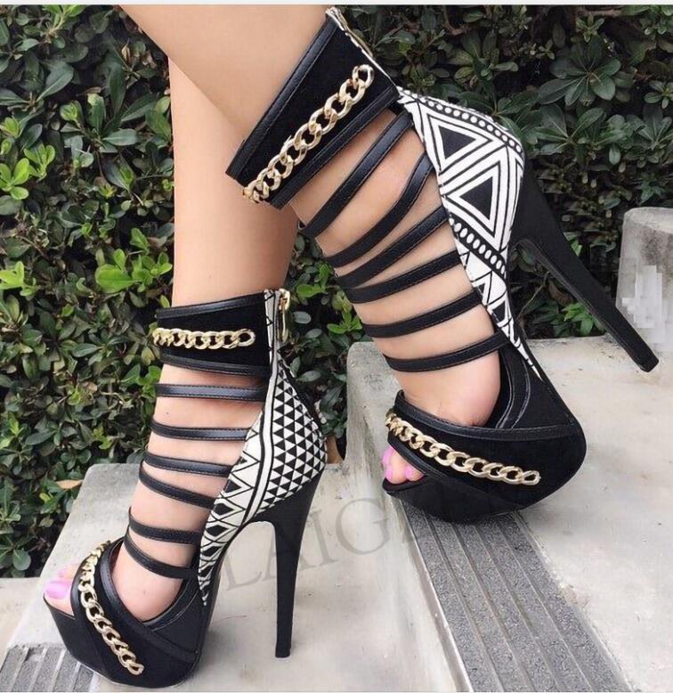 LAIGZEM FASHION Women Multi Colors Platform Sandals Back Zip Stiletto Chains Sandalia Shoes Ladies Woman Large Size 34-52 LGZ570 Black