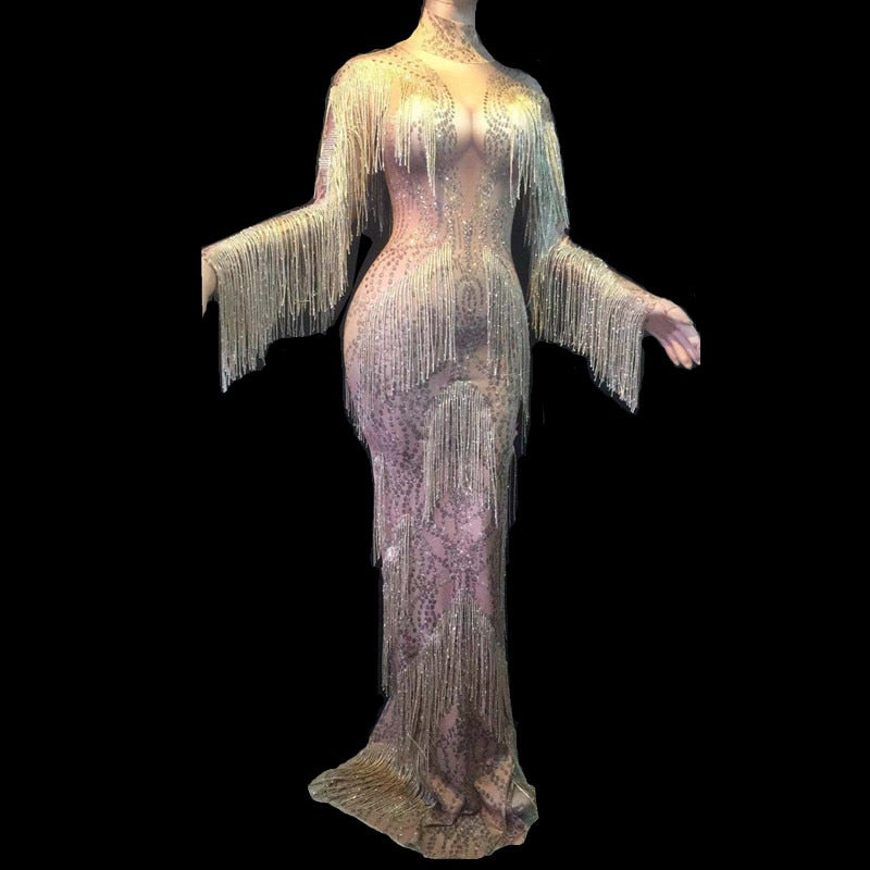 Sexy Singer Host Stage Wear Celebration Performance Costume Nightclub Fringes Dress Crystals Tassels Sleeve Stretch Long Dress