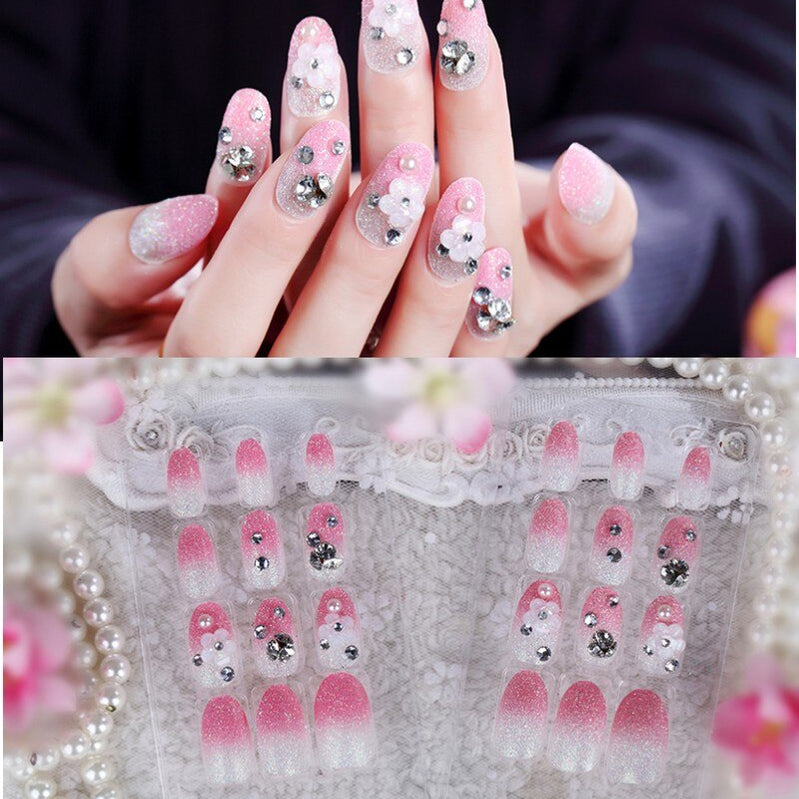24Pcs/Set Fake Nails Press on Girls Finger Beauty False Nail Art Tips Bright Shining 3D Diamond Full Cover French Nail Art Tips AL219