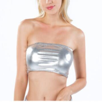 Sexy Gold Strapless Dressy Crop Top Women Shiny Stretch Party Clubwear Sequin Tube Top Bandeau Tank Top Dance Costumes Silver
