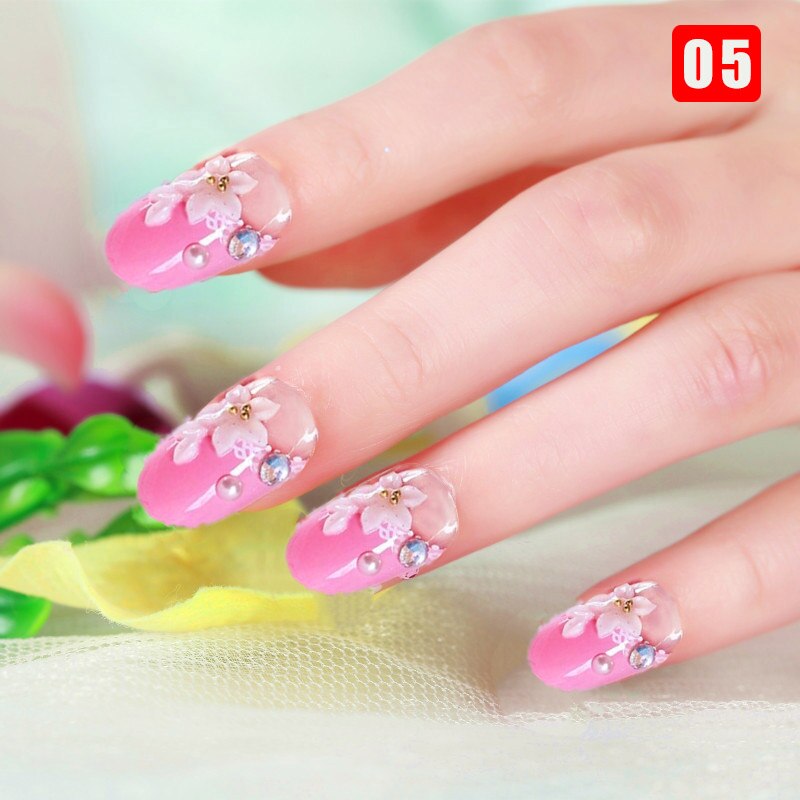 24pcs False Nails Floral Beads Decorated Artificial Nail Tips Bride Reusable Fingernails Fake Nail Press On Nail накладные ногти 5