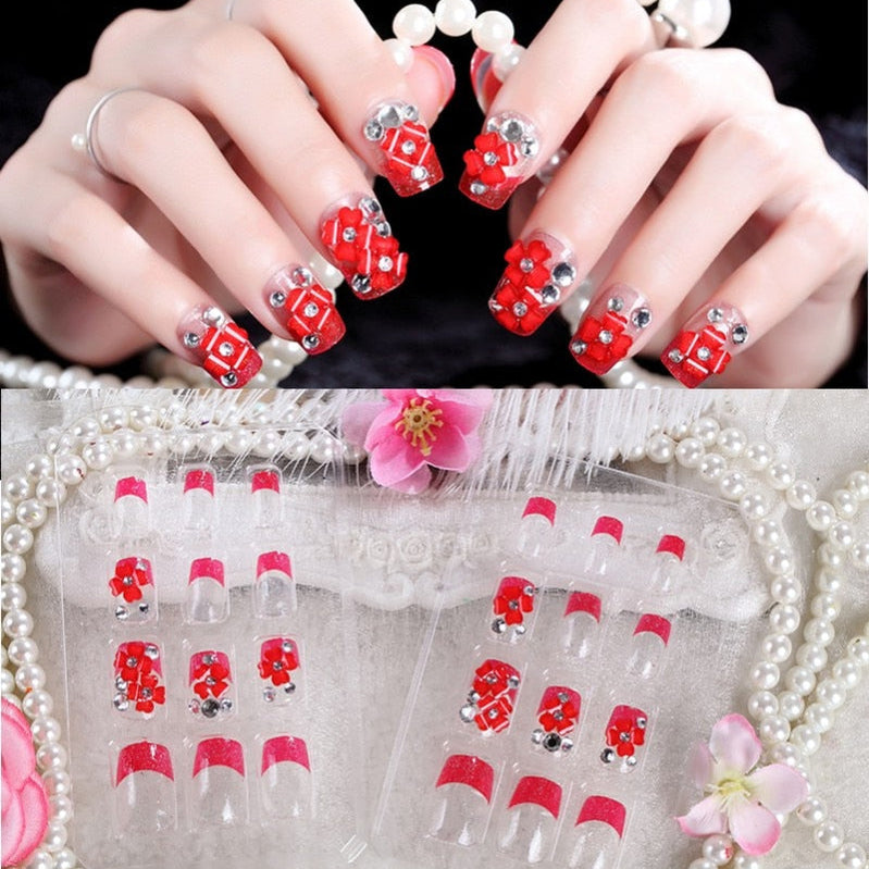 24Pcs/Set Fake Nails Press on Girls Finger Beauty False Nail Art Tips Bright Shining 3D Diamond Full Cover French Nail Art Tips AL20