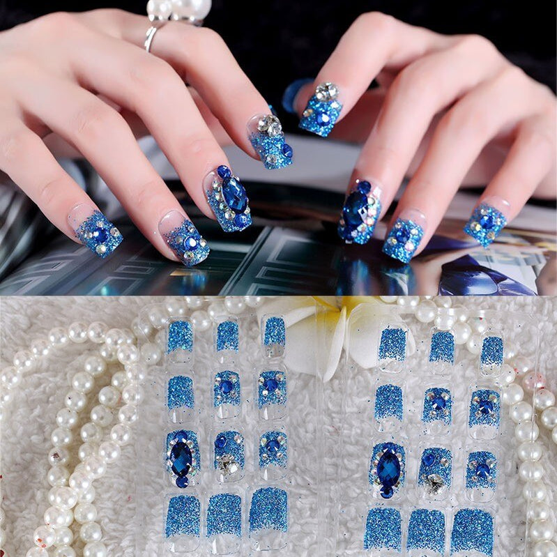 24Pcs/Set Fake Nails Press on Girls Finger Beauty False Nail Art Tips Bright Shining 3D Diamond Full Cover French Nail Art Tips AL16