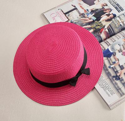 simple Summer Parent-child Beach Hat Female Casual Panama Hat Lady Brand Women Flat brim Bowknot Straw cap girls Sun Hat Rose