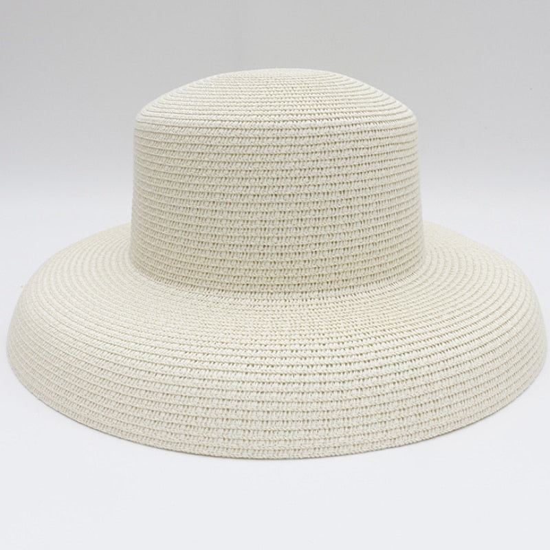 HT2303 2023 New Summer Sun Hats Ladies Solid Plain Elegant Wide Brim Hat Female Round Top Panama Floppy Straw Beach Hat Women
