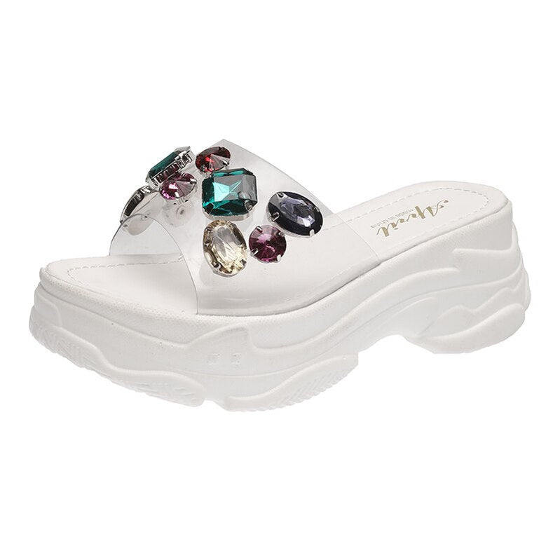 Aphixta Platform Rhinestone Sandals Slippers 6cm Height Increasing Slides Transparent Light Ladies Wedge Summer Beach Slippers White