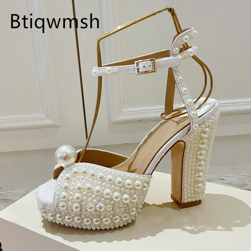 Pearl Platform Sandals Women Open Toe Rhinestone Diamond Square High Heels Shoes Woman Sexy Wedding Shoes