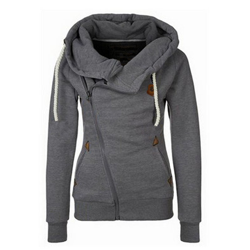 Warm Fashion Women Hoodie Asymmetric Side Zipper Drawstring Slim Long Sleeve Sweatshirt Jacket Top Coat Female Sweatshirt Gray