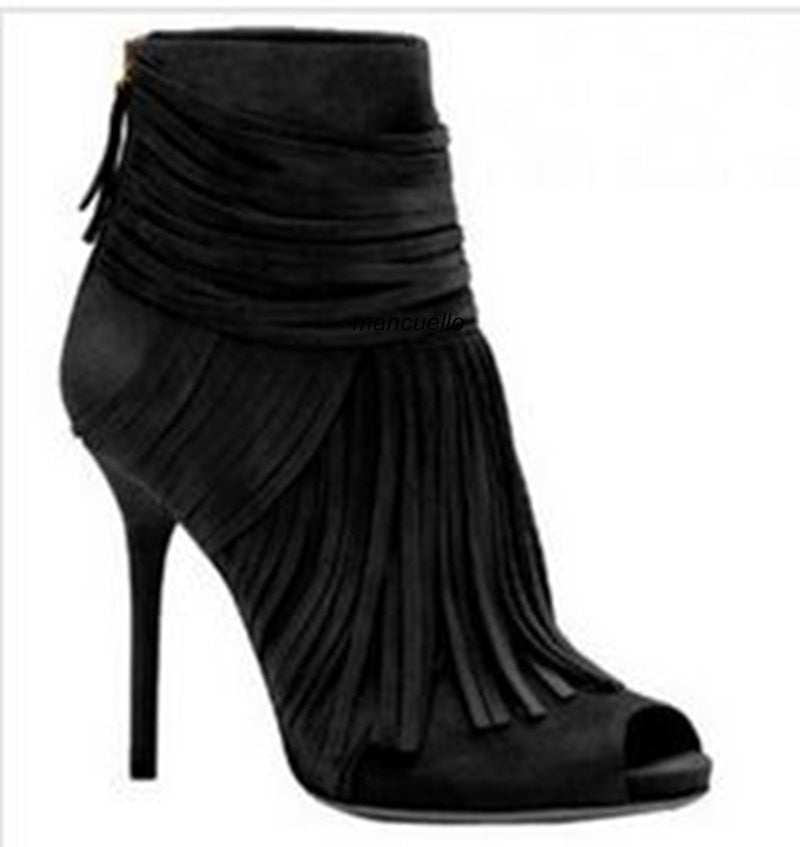 Awesome Beige Suede Fringe Thin High Heel Ankle Boots Women Classy Peep Toe Tassel Stiletto Heel Sandal Booties New Arrival as pic