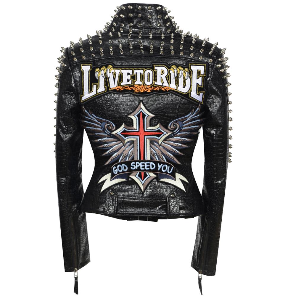 SX Occident Fashion women Club hot style Stud slim fit jacket shoulder rivets zip stitching short PU leather rock coat ying3