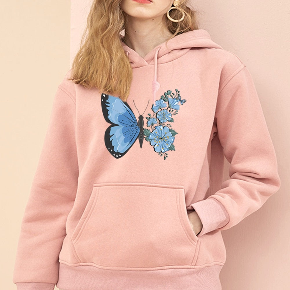 Hoodie Women's Fashion Sports Pullover Fall Long Sleeve Base Pullover Girls Casual Sports Hoodie Butterfly Print Tops pink