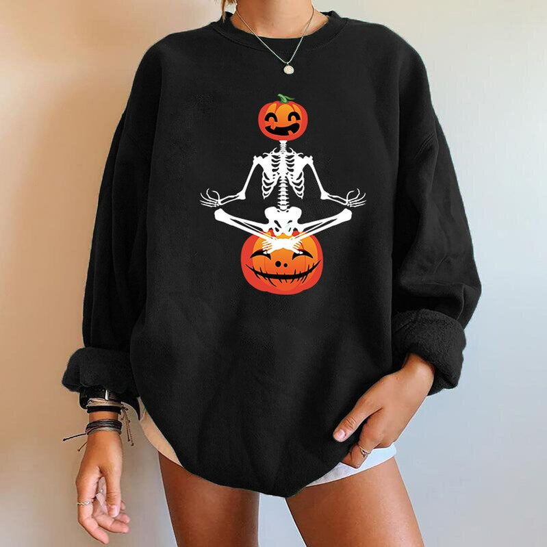 BoozRey Halloween Women Falling Shoulder Sweater Skeleton Pumpkin Head Ghost Face Sweater Long Sleeve Women Top Party Outfits Black